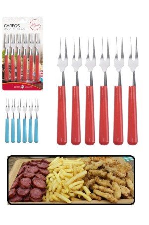 Kit com 6 Mini Garfos Garfinhos para Frutas e Petiscos de Inox Cabo Plástico Colorido